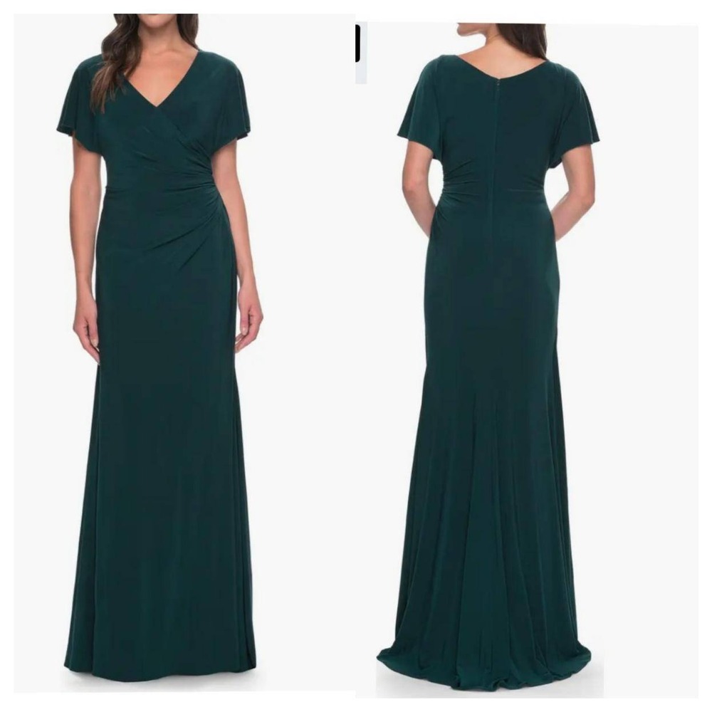 La Femme Ruched Chic Jersey Dress V‎ Neck Loose Sleeves Hunter Green Size 10